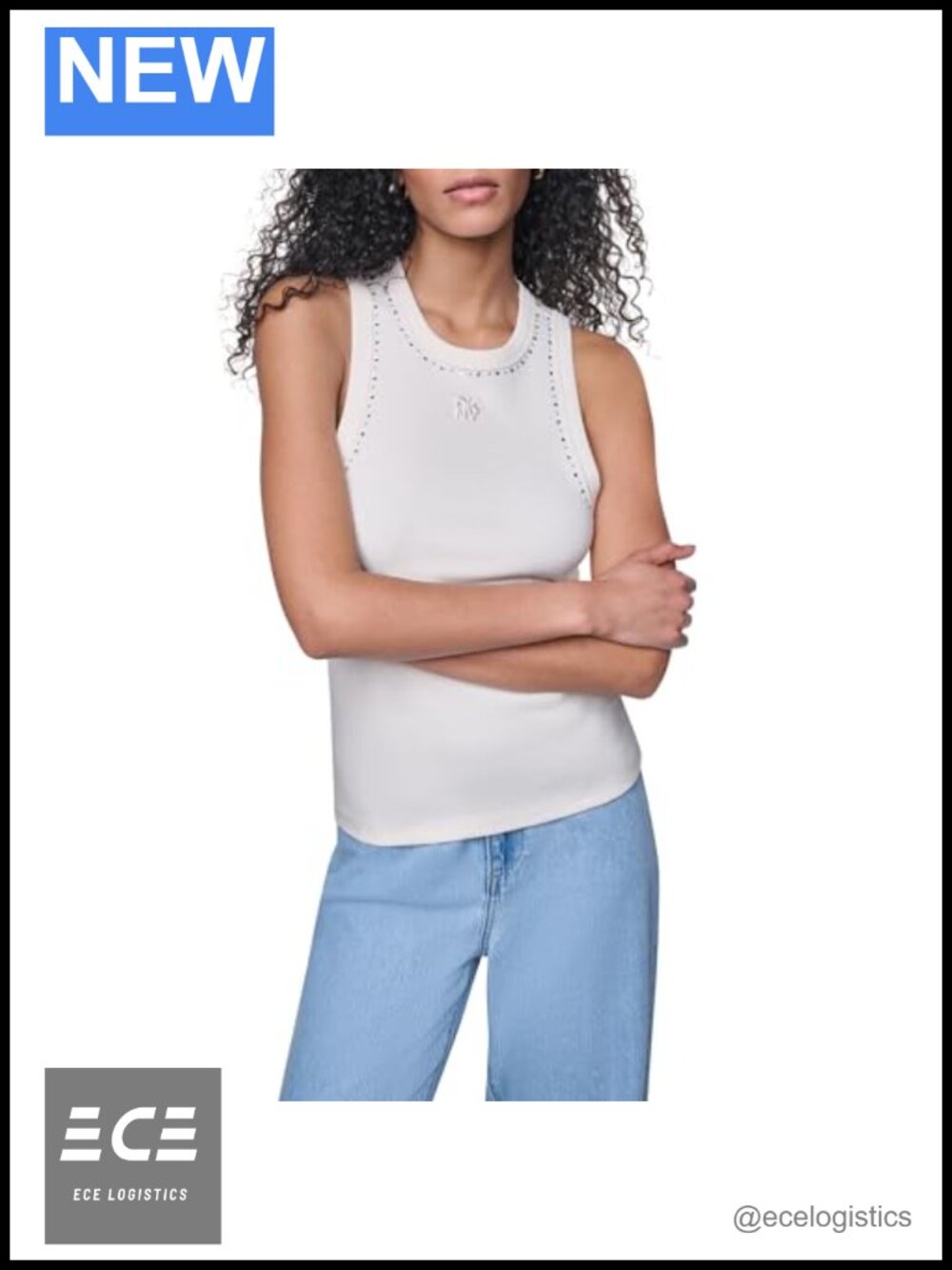 DKNY Rhinestone Dome Stud Rib Tank Sleeveless Crew Neck Top